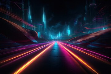 Obraz premium Neon Color Motion On Speedway. Scifi illustration with neon lights and road. Generative ai