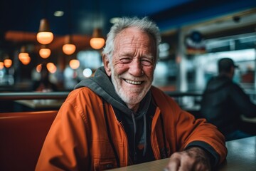 Fototapeta premium Medium shot portrait photography of a happy old man wearing a comfortable hoodie against a classic diner background. With generative AI technology