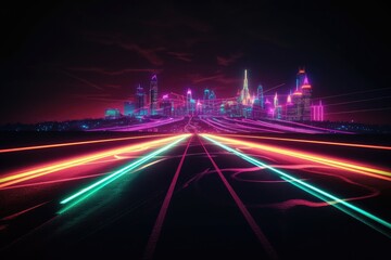 Fototapeta na wymiar Neon Color Motion On Speedway. Scifi illustration with neon lights and road. Generative ai