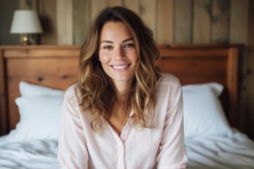 Obraz na płótnie Canvas Urban fashion portrait photography of a grinning girl in her 30s wearing an elegant long-sleeve shirt against a charming bed and breakfast background. With generative AI technology