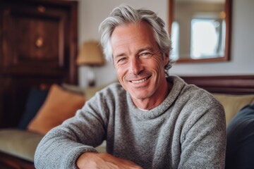 Eclectic portrait photography of a glad mature man wearing a cozy sweater against a charming bed and breakfast background. With generative AI technology