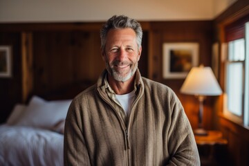Fototapeta premium Eclectic portrait photography of a glad mature man wearing a cozy sweater against a charming bed and breakfast background. With generative AI technology