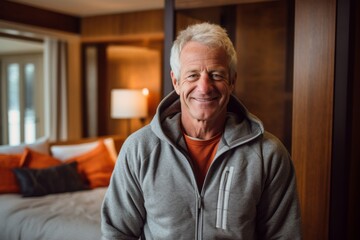 Environmental portrait photography of a satisfied mature man wearing a cozy zip-up hoodie against a charming bed and breakfast background. With generative AI technology