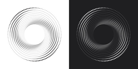  Halftone circular spiral logo set. Circular dotted isolated on the white background. Halftone fabric design. Halftone circle dots texture. Vector design element for various purposes. 