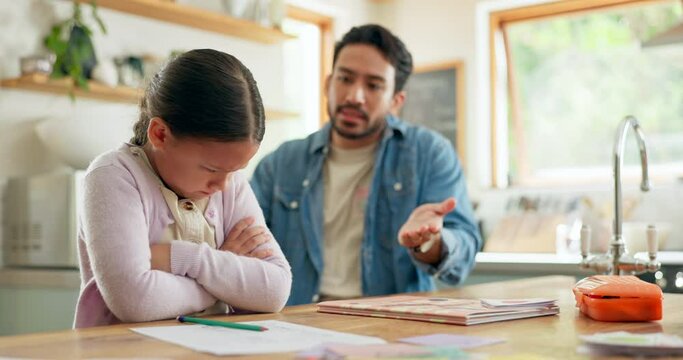 Angry dad with crying child, homework and scolding in kitchen, helping to study with conflict. Learning, teaching and frustrated father with sad daughter for discipline, education and problem in home