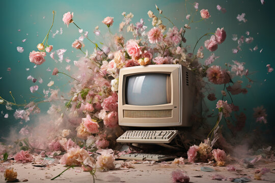 Abstract scene of old vintage retro computer and explosion of pastel pink flowers in background. Creative idea of spring and technology. Illustration. Generative AI.