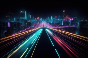 Neon Color Motion On Speedway. Scifi illustration with neon lights and road. Speeding Sport Car On Neon Highway. Generative ai.