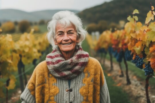 Close-up portrait photography of a satisfied old woman wearing a cozy sweater against a picturesque vineyard background. With generative AI technology