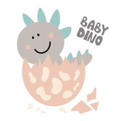 Cute dino hatching from the egg children doodle print, vector illustration. Good for T-shirt print, poster, card.