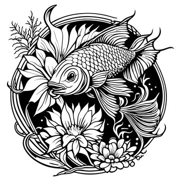 Beautiful line art fish and flower tattoo design.