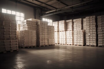 Large warehouse with packed goods on pallets.