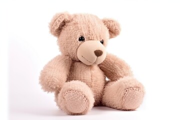 Fluffy brown teddy bear on a white background.