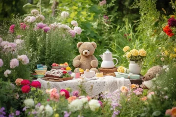 Fotobehang Picnic in the Summer Garden With a cute teddy bear. © Iryna