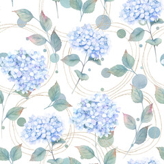 Watercolor seamless pattern. Vintage print with hortensia flowers, golden shapes. Hand drawn illustration on white background