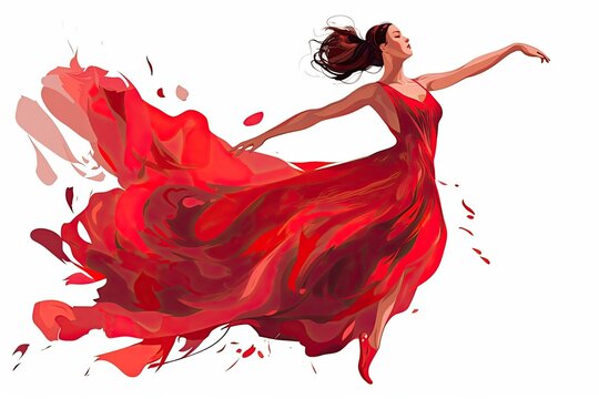 Elegant dancer in red dress isolated on white background.