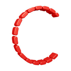 3D red alphabet letter c with dashed lines for education and text concept