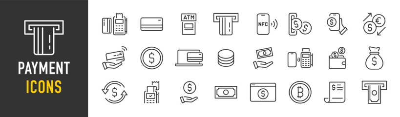 Payment web icons in line style. Money, payment methods, pay online, card, business, wallet, bank, collection. Vector illustration.