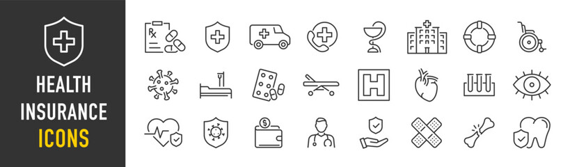 Health insurance web icons in line style. Protection, accident, diagnostic, safety, doctor, collection. Vector illustration.