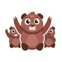 mother protect baby bears who are sitting behind her back and afraid . funny children bears vector flat cartoon illustration.