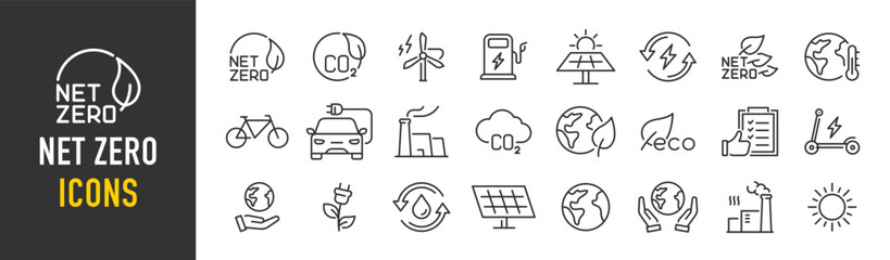 Net Zero web icons in line style. Green energy, CO2 neutral, gas emissions, climate, ecology, collection. Vector illustration. - obrazy, fototapety, plakaty