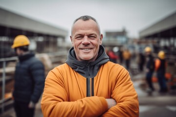 Fototapeta na wymiar Lifestyle portrait photography of a happy mature man wearing a comfortable tracksuit against a busy construction site background. With generative AI technology
