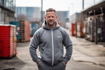 Lifestyle portrait photography of a happy mature man wearing a comfortable tracksuit against a busy construction site background. With generative AI technology