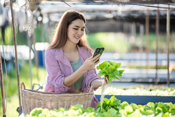 Beautiful female farmer checking quality and quantity of organic hydroponic vegetable from the rooftop greenhouse garden and planning  organic farm.