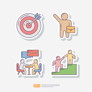 archery business target, businessman with bag, team discussion, teamwork leader help. sticker icon set. Team work vector illustration