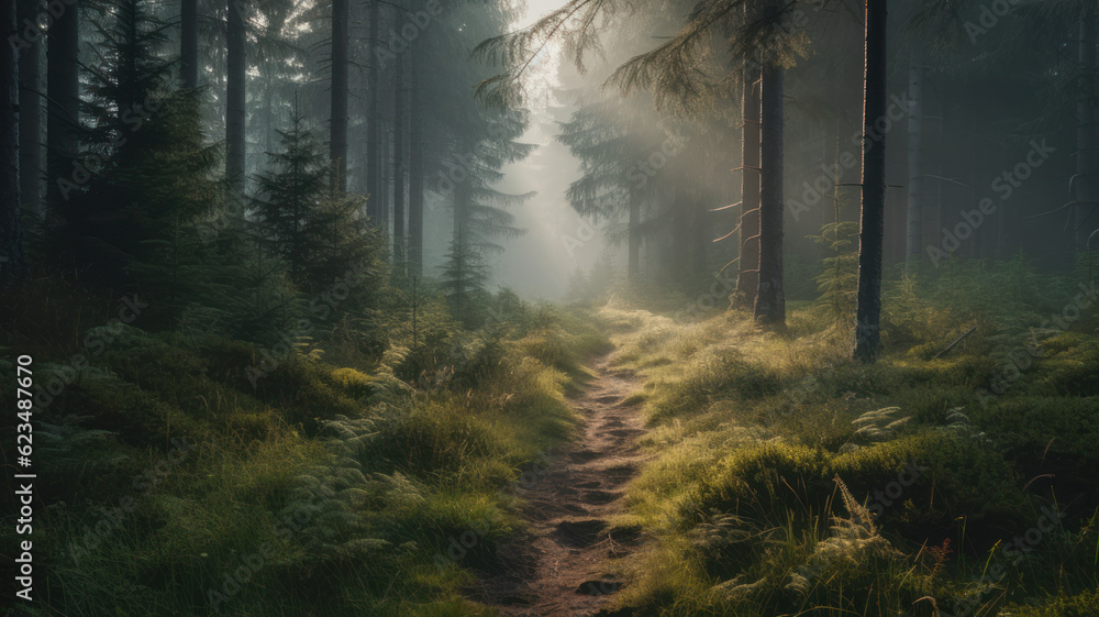 Aufkleber a narrow path through spruce forest in evening light with fog in summer. generative ai