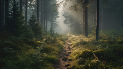 A narrow path through spruce forest in evening light with fog in summer. Generative AI