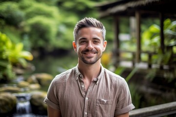 Obraz premium Close-up portrait photography of a glad boy in his 30s wearing a casual short-sleeve shirt against a tranquil koi pond background. With generative AI technology
