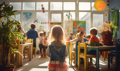 kids going back to school in a happy colorful classroom
