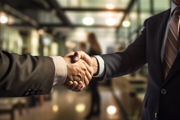 Two confident businesspeople wearing formal attire shake hands in commercial business setting. Made with Generative AI.