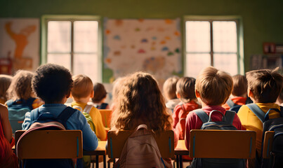 Fototapeta kids going back to school in a happy colorful classroom obraz