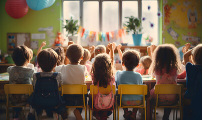 kids going back to school in a happy colorful classroom - obrazy, fototapety, plakaty