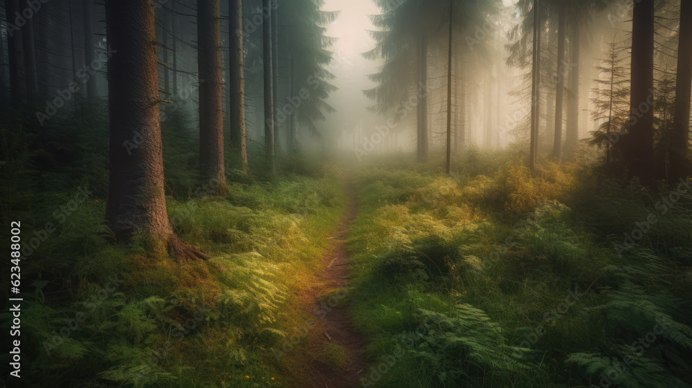 Poster a narrow path through spruce forest in evening light with fog in summer. generative ai