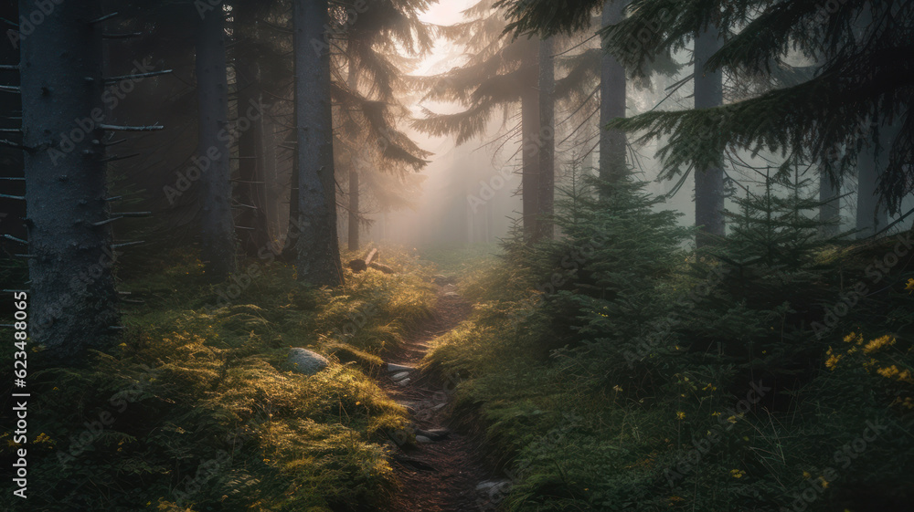 Poster a narrow path through spruce forest in evening light with fog in summer. generative ai