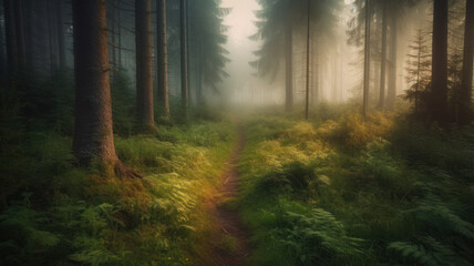 Fototapeta premium A narrow path through spruce forest in evening light with fog in summer. Generative AI