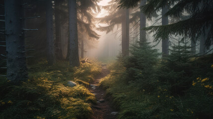 A narrow path through spruce forest in evening light with fog in summer. Generative AI