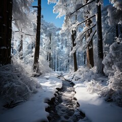Fototapeta na wymiar Beautiful landscape, snowy road in the forest between the trees, winter sseason. Generative AI
