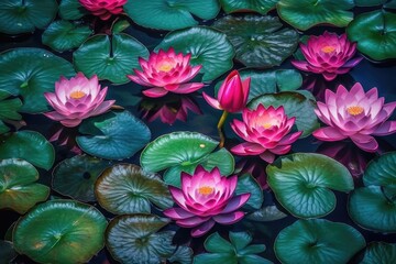 Fototapeta na wymiar Lotus or red water lily in garden pond. Generative AI