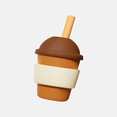 3d icon brown paper cup with drinking straw.