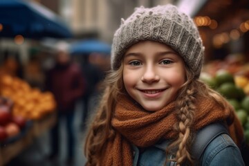 Close-up portrait photography of a glad kid female wearing a cozy sweater against a bustling farmer's market background. With generative AI technology