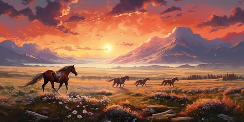 AI Generated. AI Generative. Wild horses on field meadow nature outdoor landscape. Relaxing calm inner peace vacation adventure western sountryside lifestyle vibe. Graphic Art - obrazy, fototapety, plakaty