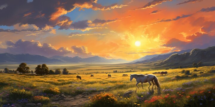 AI Generated. AI Generative. Wild horses on field meadow nature outdoor landscape. Relaxing calm inner peace vacation adventure western sountryside lifestyle vibe. Graphic Art