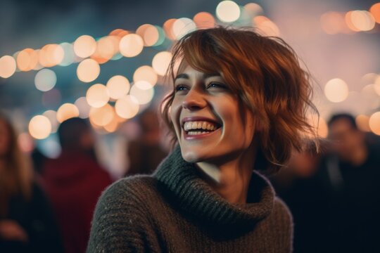 Close-up portrait photography of a grinning mature girl wearing a classic turtleneck sweater against a lively concert venue background. With generative AI technology