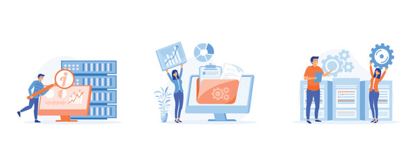 Information collection and analysis concept, Management information system, document management soft, big data job, sharing online, set flat vector modern illustration - obrazy, fototapety, plakaty