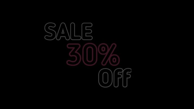 Sale 30% off. Percent Off fast-moving white color text animation for Business, Promotion, Discount, and Sales