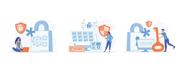 Cyber security concept, privacy data protection, personal cyberspace data security, set flat vector modern illustration 
