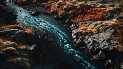 Aerial shot looking directly down on a river of lava Generative AI